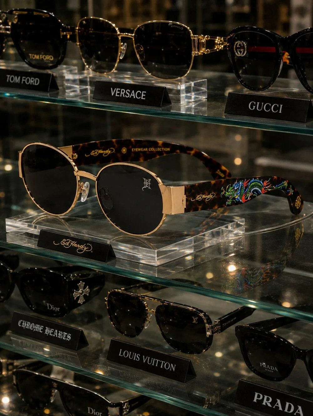 🥳 ED HARDY Dragon Sunglasses Y2K Oval Tortoise Shades Black Gold Streetwear NWT